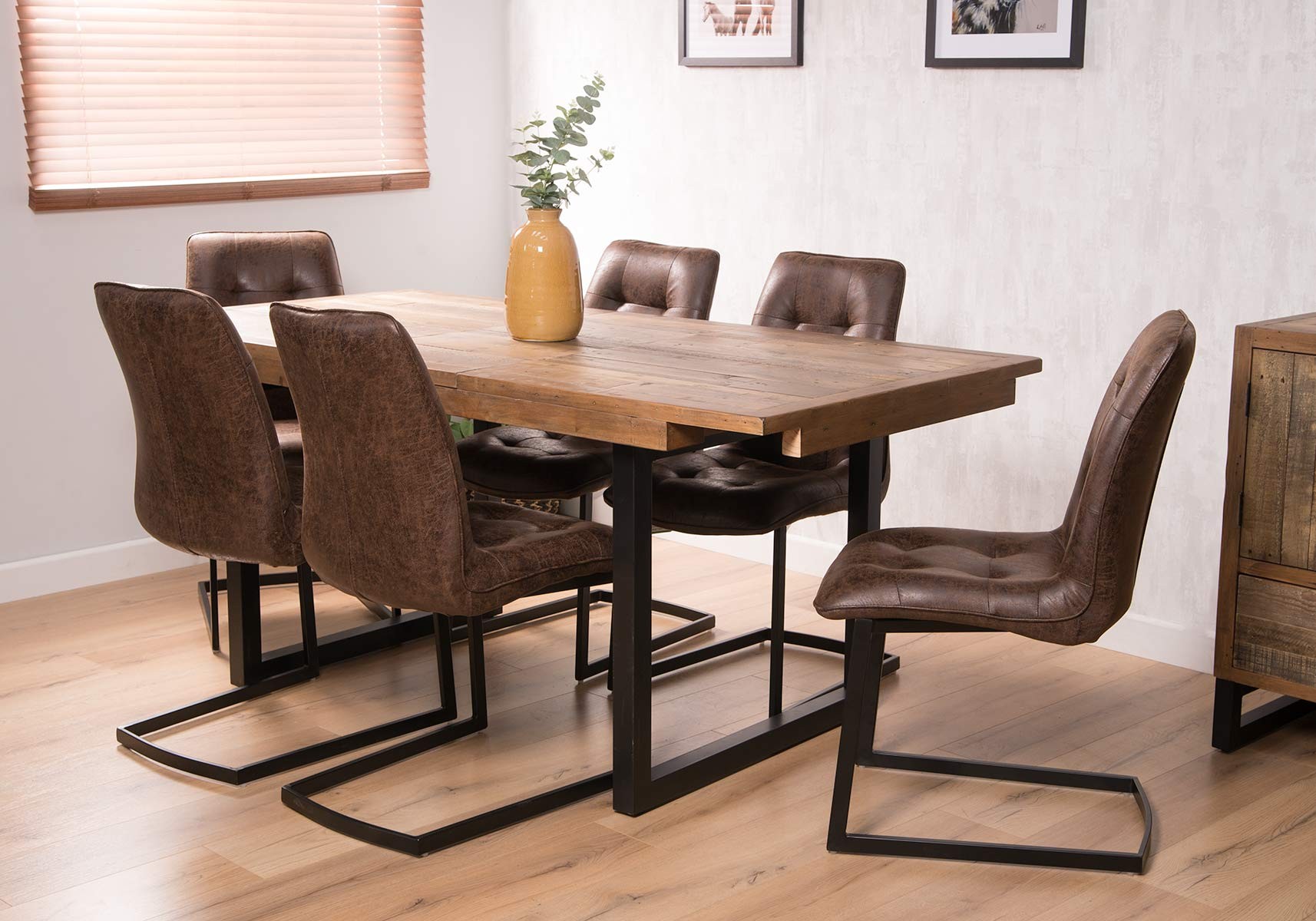 Industrial Reclaimed Extending 6 Seater Dining Set Cantilever Chairs Casa Bella Furniture Uk