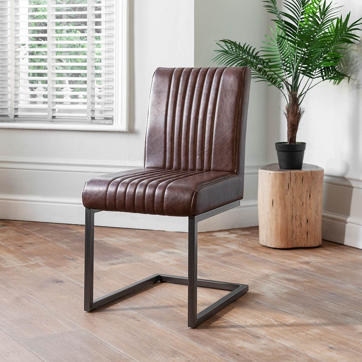 Industrial Aged Leather Cantilever, Rustic Brown Leather Dining Chairs