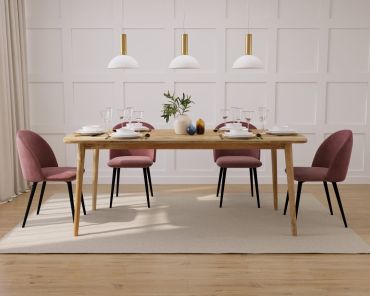 Oslo Light Mango 6-Seater Dining Set (150cm) - Sophia Velvet Chairs (Pink with Black Legs)